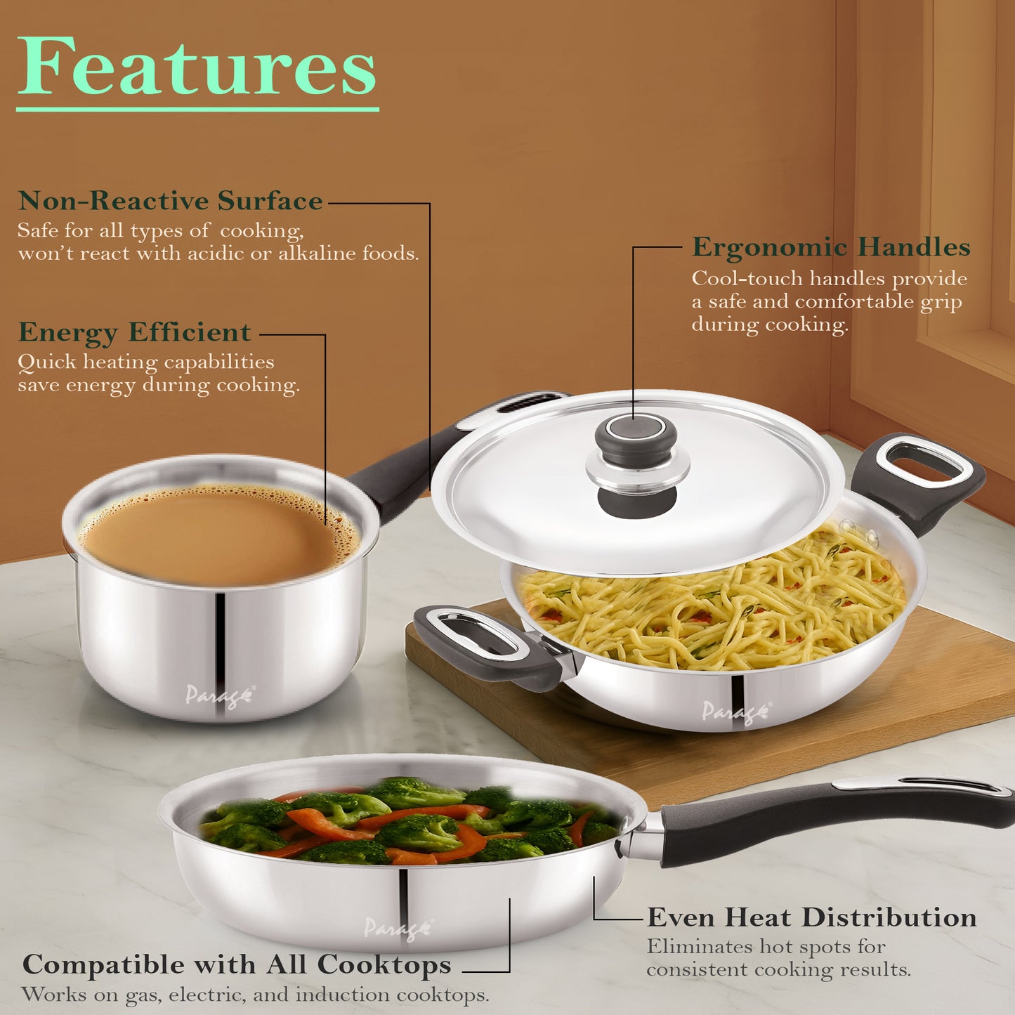 Fiesta Stainless Steel Cookware Set | Kadai, Fry Pan, Sauce Pan | Induction & Gas Compatible