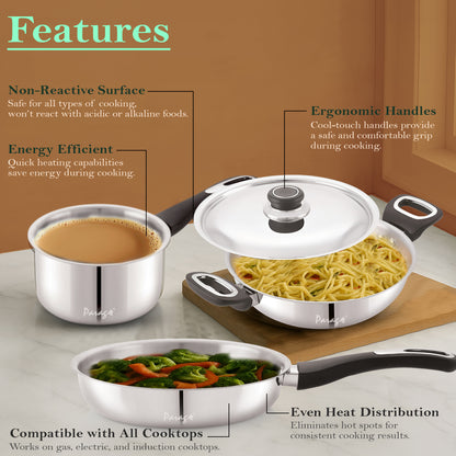 Fiesta Stainless Steel Cookware Set | Kadai, Fry Pan, Sauce Pan | Induction & Gas Compatible