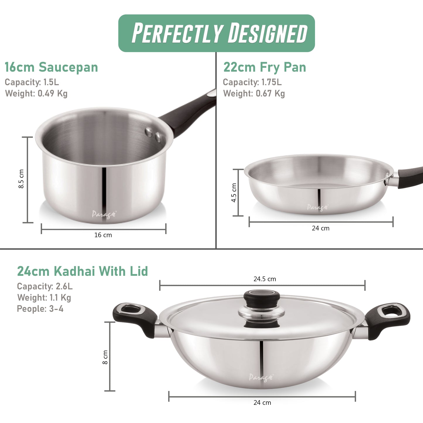 Fiesta Stainless Steel Cookware Set | Kadai, Fry Pan, Sauce Pan | Induction & Gas Compatible