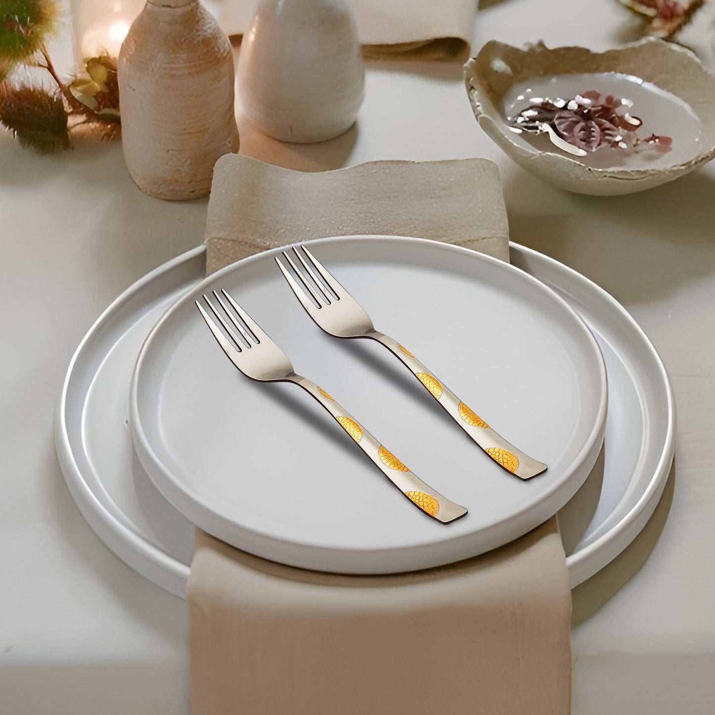 6-Piece Stainless Steel 24K Gold Forks Set, 16 cm | Premium Luxury Dining Cutlery, Moonpress Design, Ideal Gift for Home & Kitchen