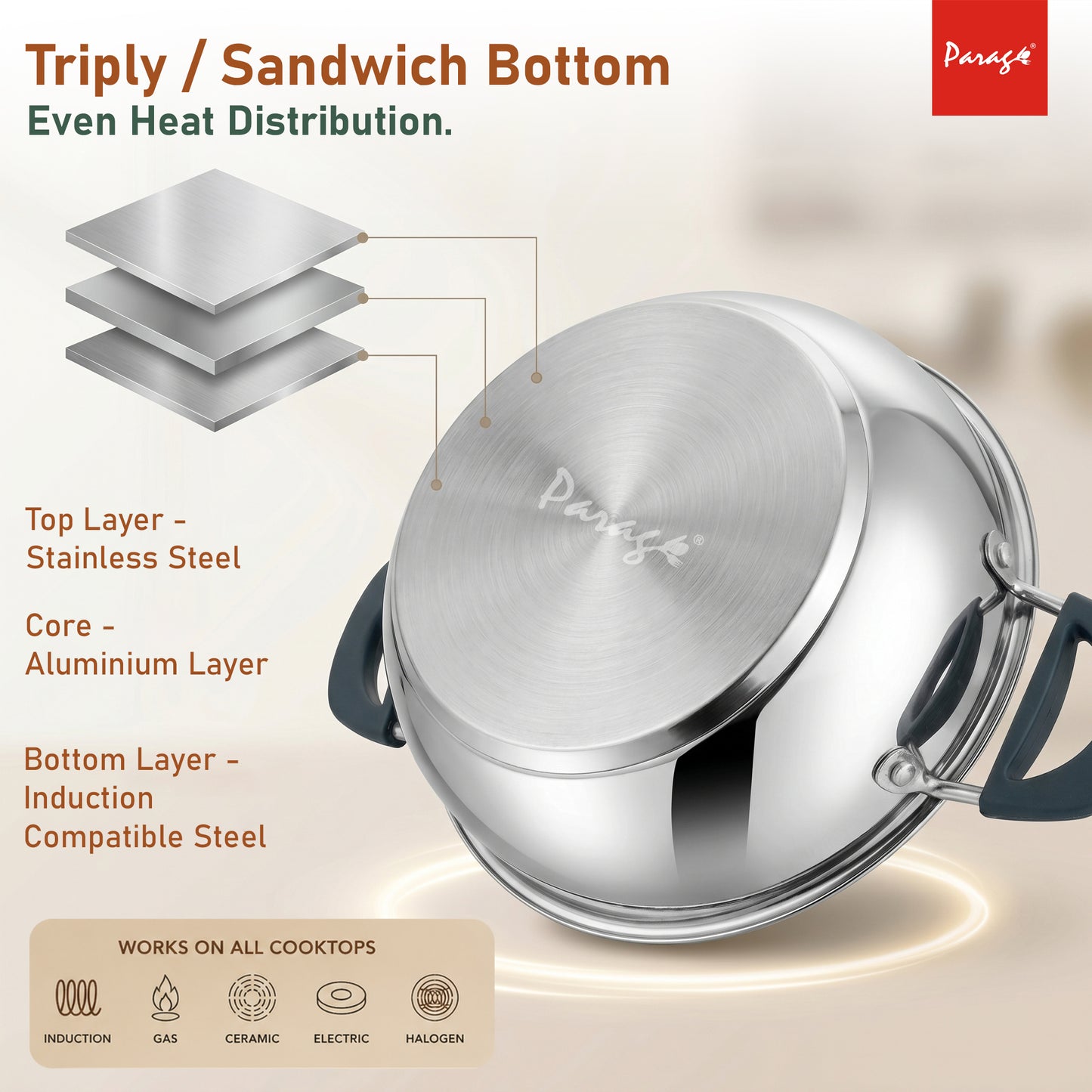 Stainless Steel Kadhai with Glass Lid, 2200ml, Induction & Gas Compatible, Heavy Bottom Steel Kadai, 24cm Deep Fry Pan for Curry, Sabzi & Daily Cooking