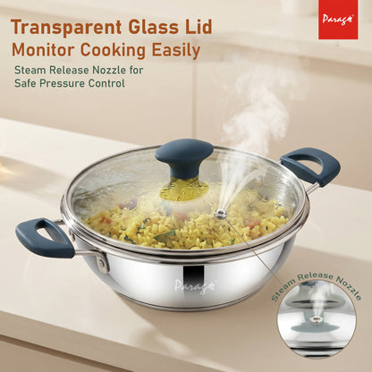 Stainless Steel Kadhai with Glass Lid, 2200ml, Induction & Gas Compatible, Heavy Bottom Steel Kadai, 24cm Deep Fry Pan for Curry, Sabzi & Daily Cooking