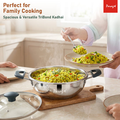 Stainless Steel Kadhai with Glass Lid, 2200ml, Induction & Gas Compatible, Heavy Bottom Steel Kadai, 24cm Deep Fry Pan for Curry, Sabzi & Daily Cooking