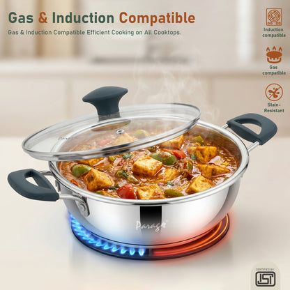 Stainless Steel Kadhai with Glass Lid, 2200ml, Induction & Gas Compatible, Heavy Bottom Steel Kadai, 24cm Deep Fry Pan for Curry, Sabzi & Daily Cooking