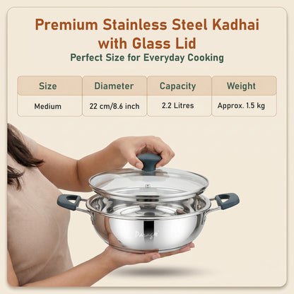 Stainless Steel Kadhai with Glass Lid, 2200ml, Induction & Gas Compatible, Heavy Bottom Steel Kadai, 24cm Deep Fry Pan for Curry, Sabzi & Daily Cooking