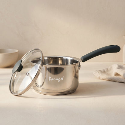 Stainless Steel Saucepan with Glass Lid, Induction & Gas Compatible, Heavy Bottom Sauce Pan, Milk Boiler Tea Pan with Handle for Daily Cooking