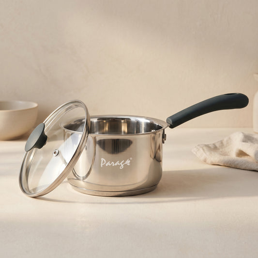 Stainless Steel Saucepan with Glass Lid, Induction & Gas Compatible, Heavy Bottom Sauce Pan, Milk Boiler Tea Pan with Handle for Daily Cooking