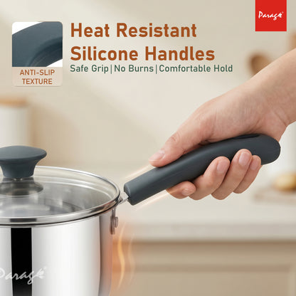 Stainless Steel Saucepan with Glass Lid, Induction & Gas Compatible, Heavy Bottom Sauce Pan, Milk Boiler Tea Pan with Handle for Daily Cooking