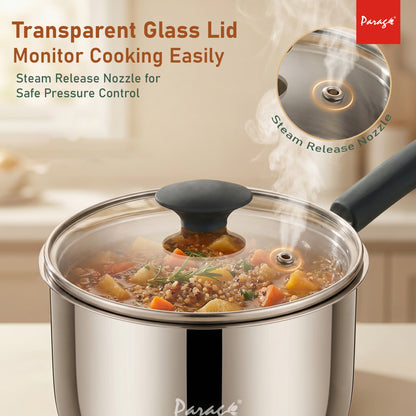 Stainless Steel Saucepan with Glass Lid, Induction & Gas Compatible, Heavy Bottom Sauce Pan, Milk Boiler Tea Pan with Handle for Daily Cooking