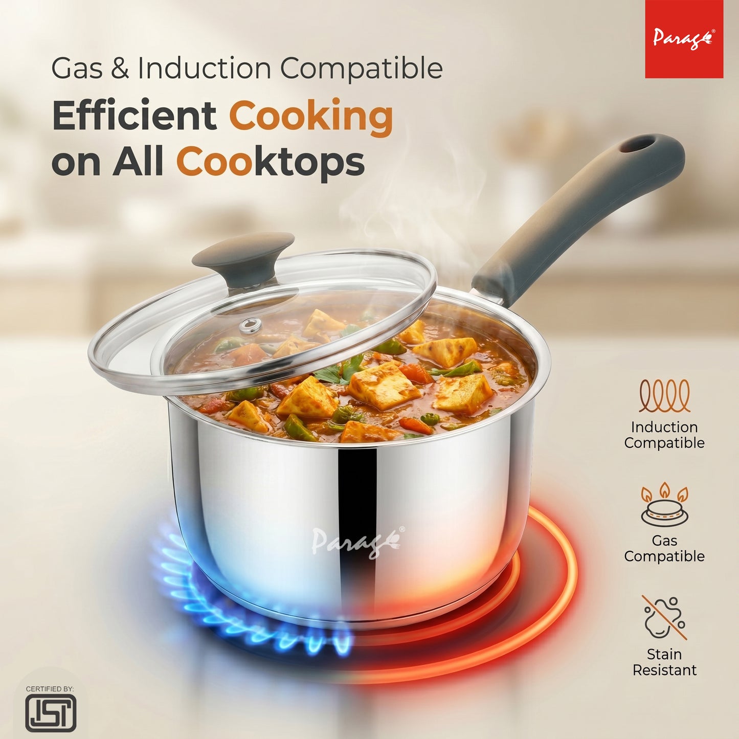 Stainless Steel Saucepan with Glass Lid, Induction & Gas Compatible, Heavy Bottom Sauce Pan, Milk Boiler Tea Pan with Handle for Daily Cooking