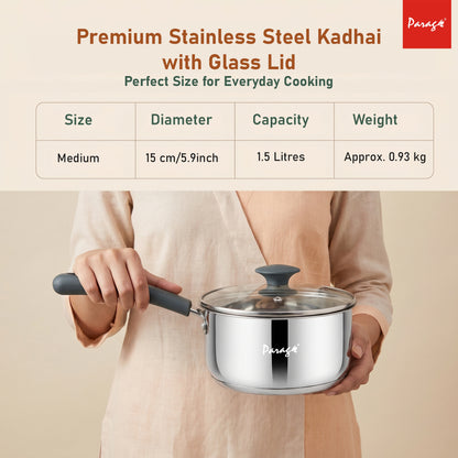 Stainless Steel Saucepan with Glass Lid, Induction & Gas Compatible, Heavy Bottom Sauce Pan, Milk Boiler Tea Pan with Handle for Daily Cooking