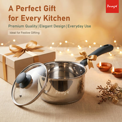 Stainless Steel Saucepan with Glass Lid, Induction & Gas Compatible, Heavy Bottom Sauce Pan, Milk Boiler Tea Pan with Handle for Daily Cooking