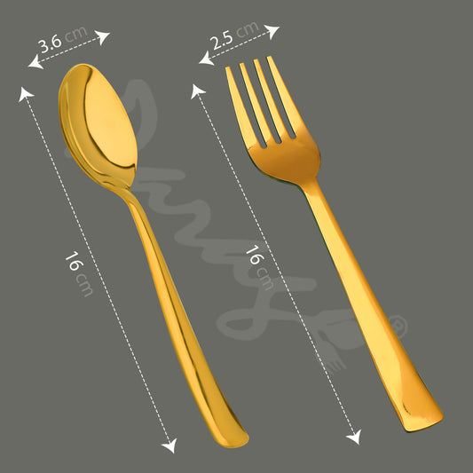 12pc Stainless Steel Golden Cutlery | 16cm Spoons & Forks | Dining