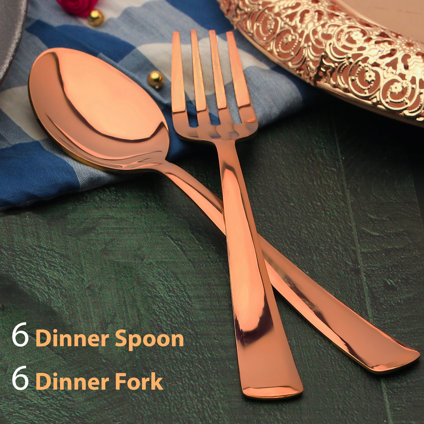 12-Piece Stainless Steel Rose Gold Cutlery Set | 6 Dinner Spoons & 6 Dinner Forks, Premium PVD Flatware for Home & Kitchen
