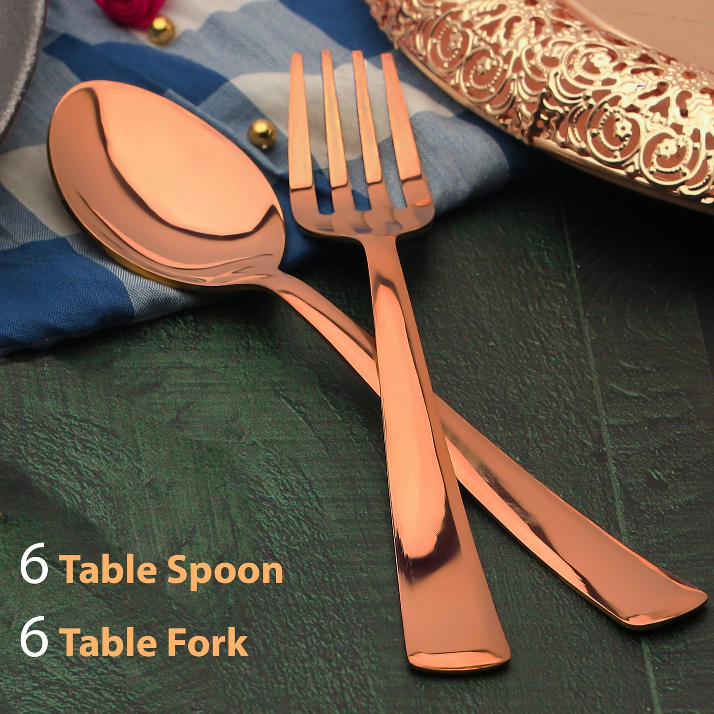 12pc Stainless Steel Rose Gold Cutlery | 19cm Spoons & Forks | Dining