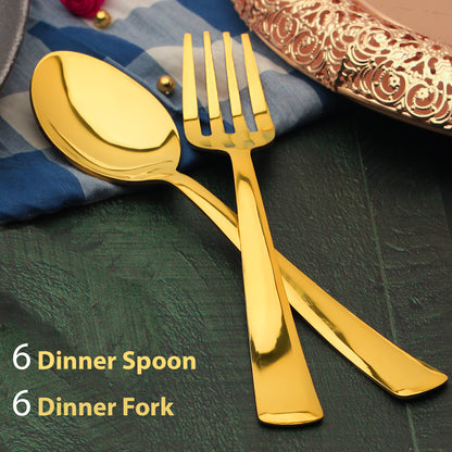 12pc Stainless Steel Golden Cutlery | 16cm Spoons & Forks | Dining