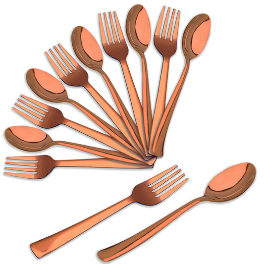 12pc Stainless Steel Rose Gold Cutlery | 19cm Spoons & Forks | Dining