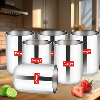 6 Pcs Stainless Steel Heavy Gauge Glass Set - 300ml Scratch Resistant Water & Juice Glasses, Silver