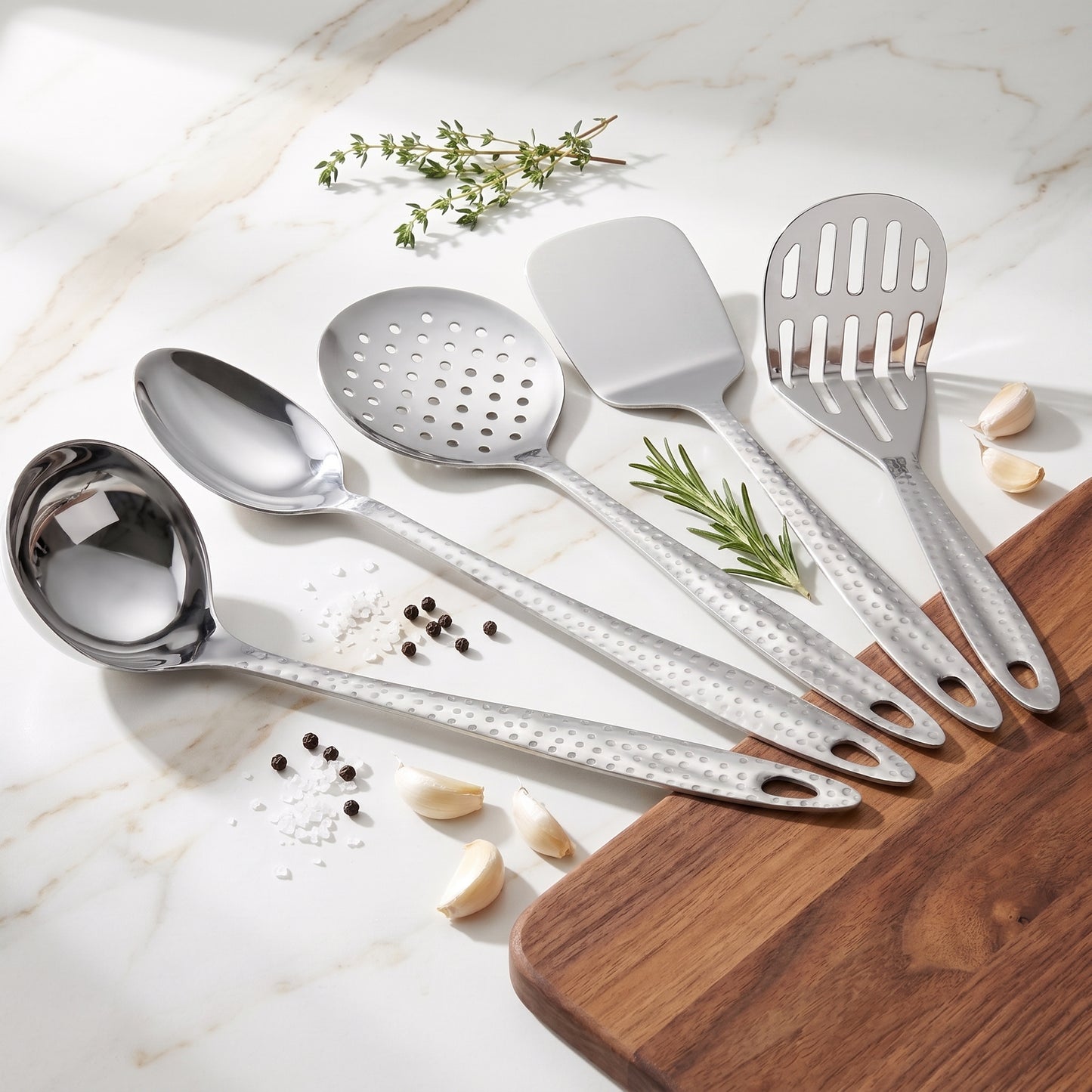 Spoon Set | 13in, 5 piece | Stainless Steel | Silver | Hammered