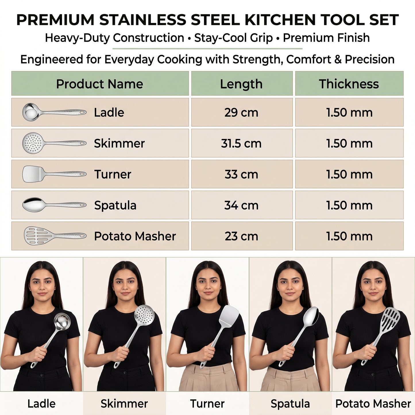 Spoon Set | 13in, 5 piece | Stainless Steel | Silver | Hammered