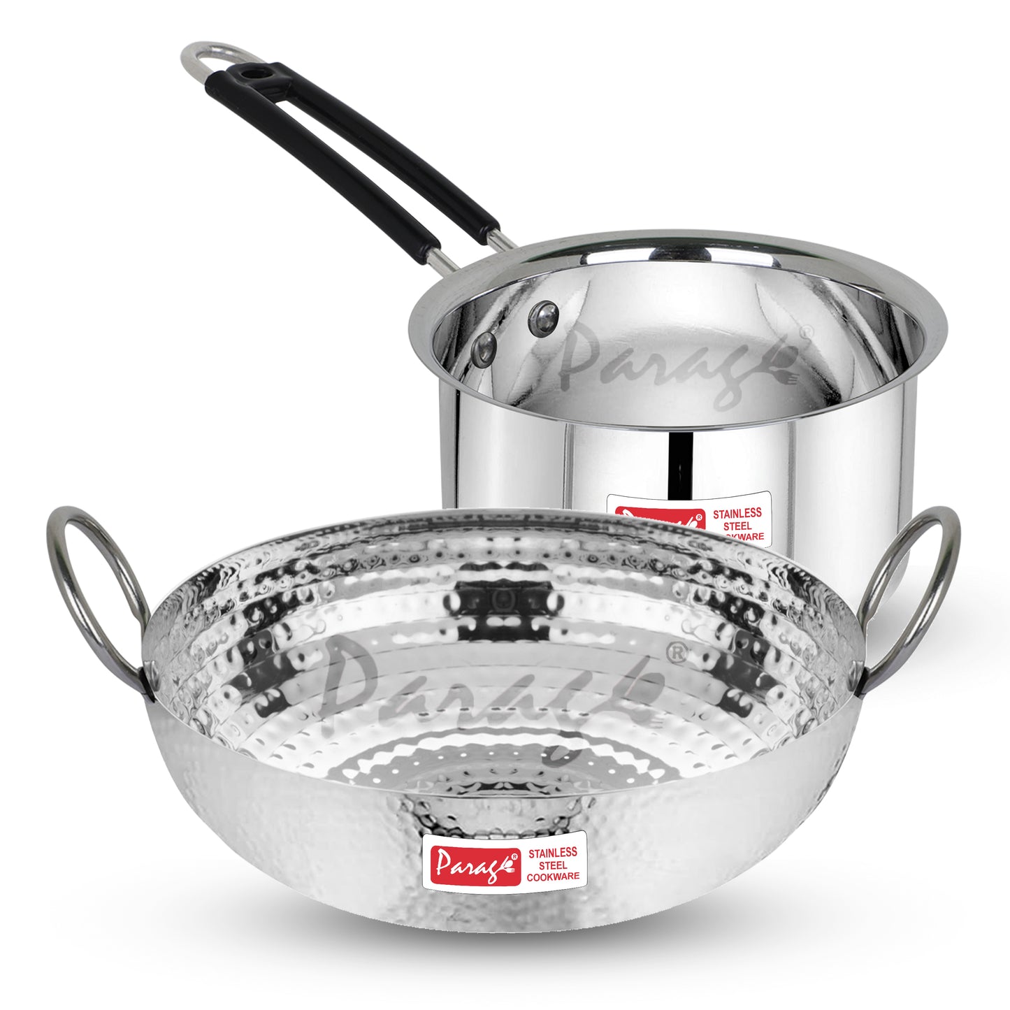 2-Piece Stainless Steel Hammered Kadhai & Saucepan Set | Heavy Bottom for Cooking & Deep Frying, Gas Stove Friendly, 2L & 1.75L (Silver)