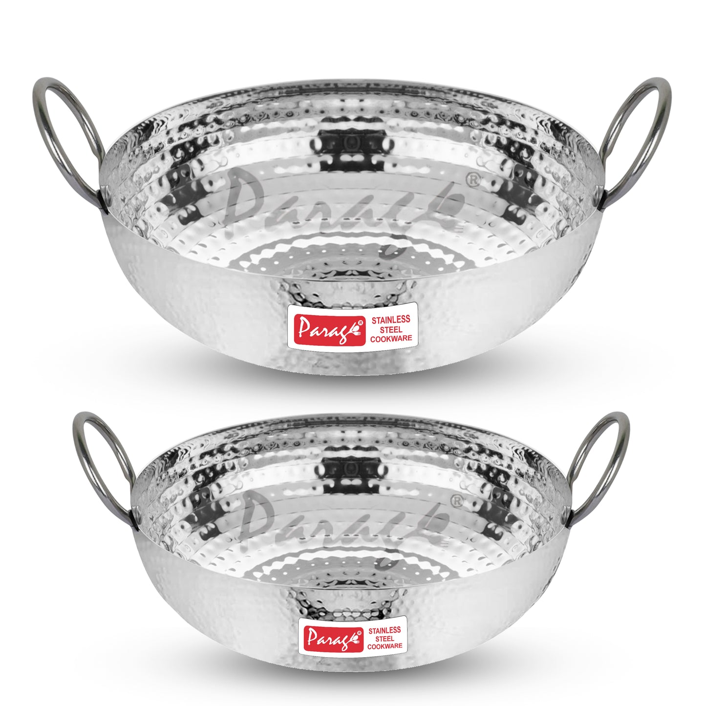 2-Piece Stainless Steel Hammered Kadhai Set | Heavy Bottom for Cooking & Deep Frying, Gas Stove Friendly, 1.2L & 2L (Silver)