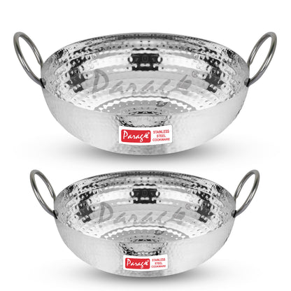 2-Piece Stainless Steel Hammered Kadhai Set | Heavy Bottom for Cooking & Deep Frying, Gas Stove Friendly, 1.2L & 2L (Silver)