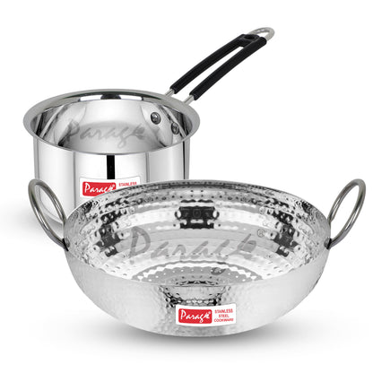 2-Piece Stainless Steel Hammered Kadhai & Saucepan Set | Heavy Bottom for Cooking & Deep Frying, Gas Stove Friendly, 1.2L & 1L (Silver)