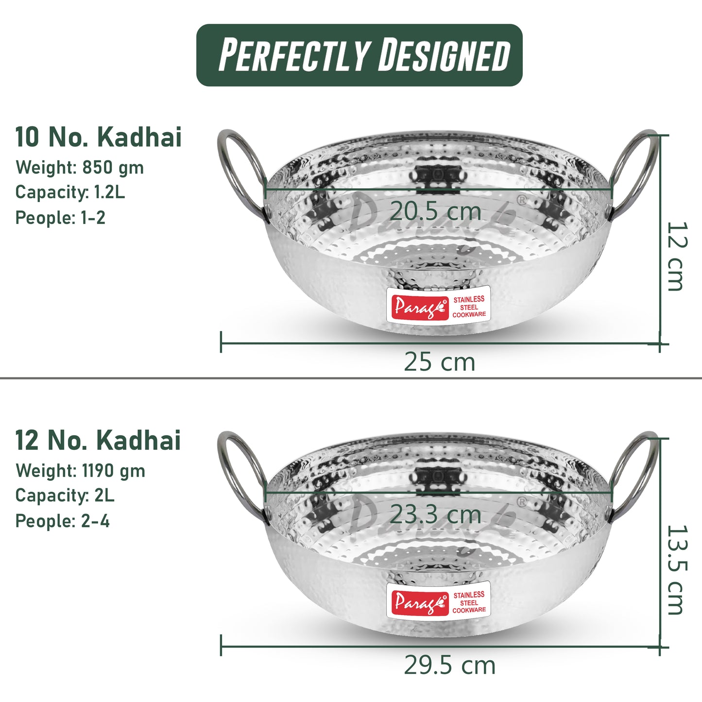 2-Piece Stainless Steel Hammered Kadhai Set | Heavy Bottom for Cooking & Deep Frying, Gas Stove Friendly, 1.2L & 2L (Silver)