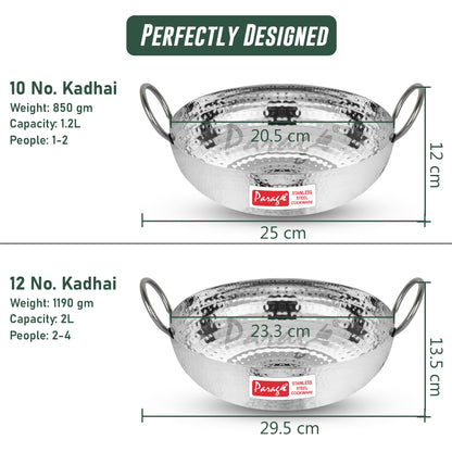 2-Piece Stainless Steel Hammered Kadhai Set | Heavy Bottom for Cooking & Deep Frying, Gas Stove Friendly, 1.2L & 2L (Silver)