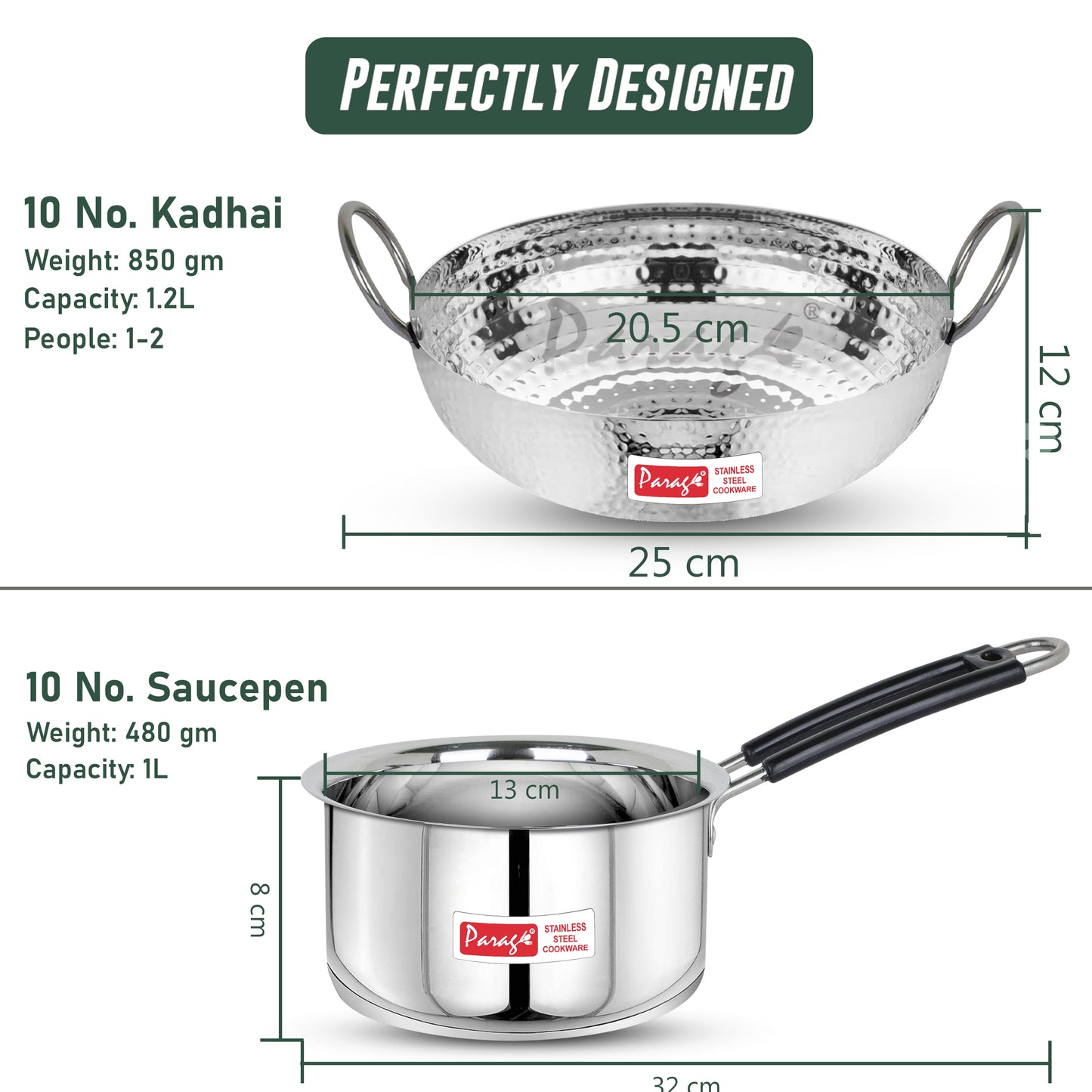 2-Piece Stainless Steel Hammered Kadhai & Saucepan Set | Heavy Bottom for Cooking & Deep Frying, Gas Stove Friendly, 1.2L & 1L (Silver)
