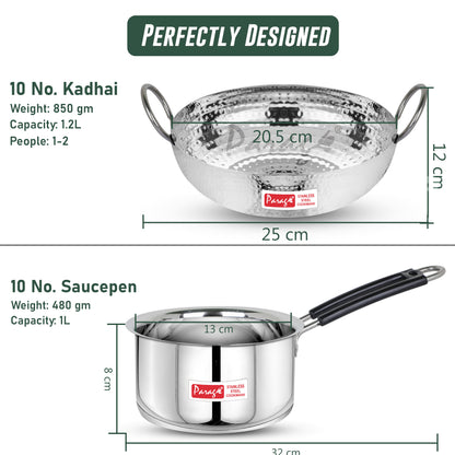 2-Piece Stainless Steel Hammered Kadhai & Saucepan Set | Heavy Bottom for Cooking & Deep Frying, Gas Stove Friendly, 1.2L & 1L (Silver)