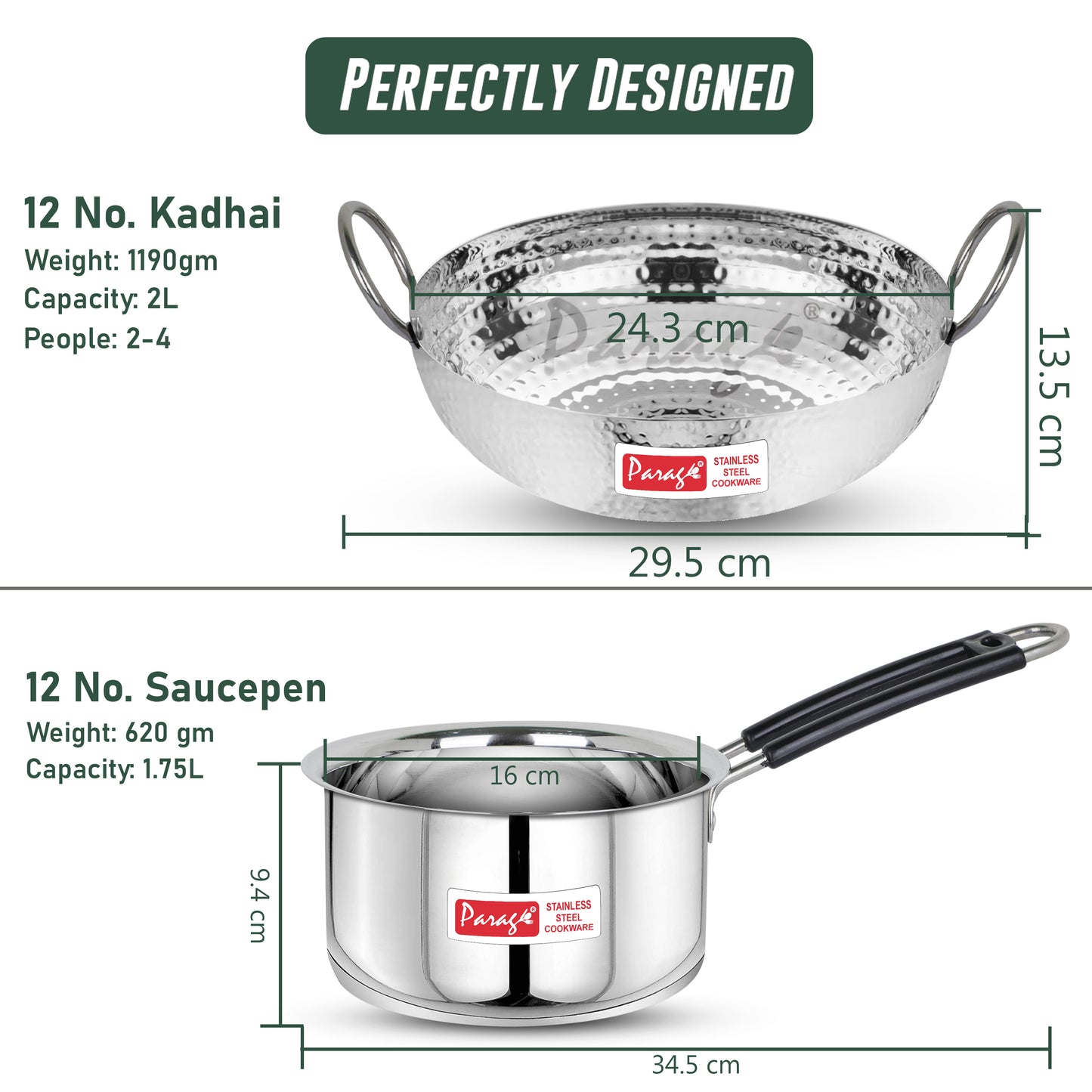 2-Piece Stainless Steel Hammered Kadhai & Saucepan Set | Heavy Bottom for Cooking & Deep Frying, Gas Stove Friendly, 2L & 1.75L (Silver)