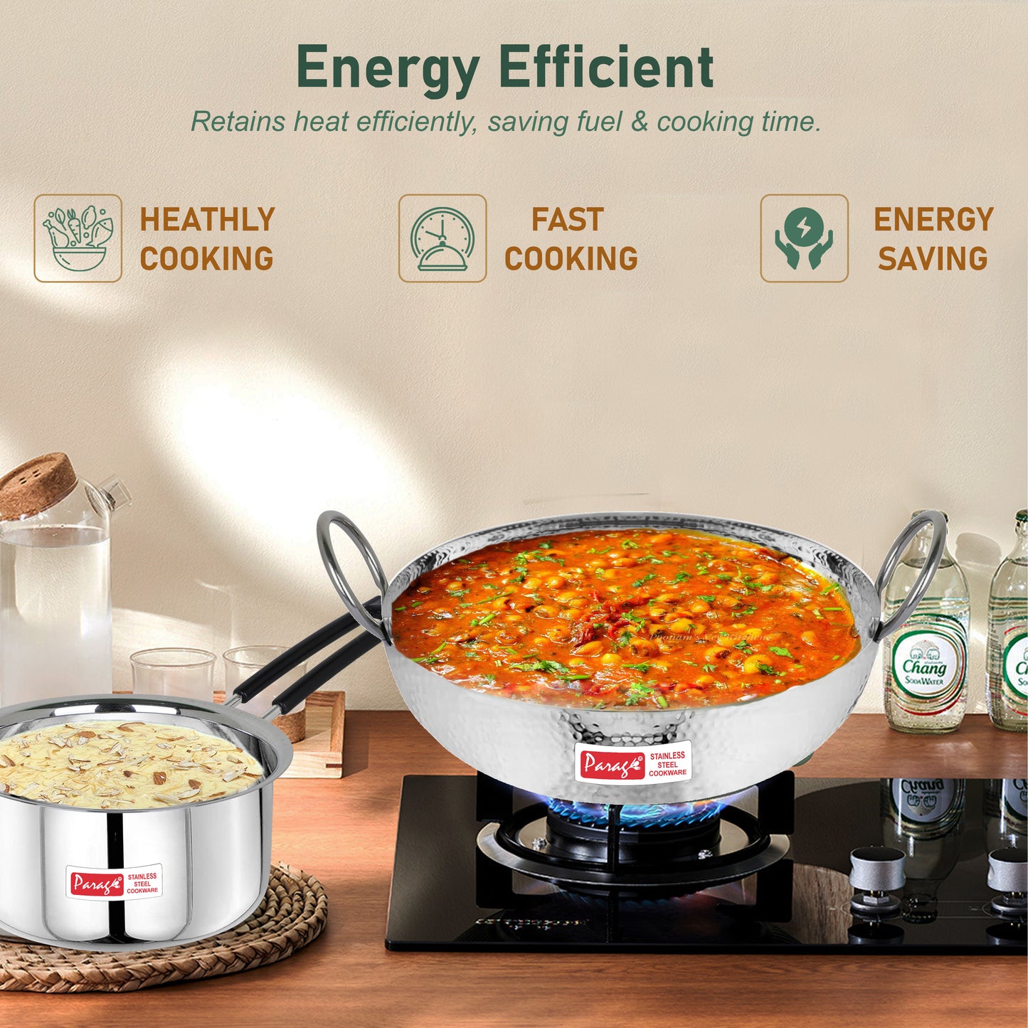 2-Piece Stainless Steel Hammered Kadhai & Saucepan Set | Heavy Bottom for Cooking & Deep Frying, Gas Stove Friendly, 2L & 1.75L (Silver)