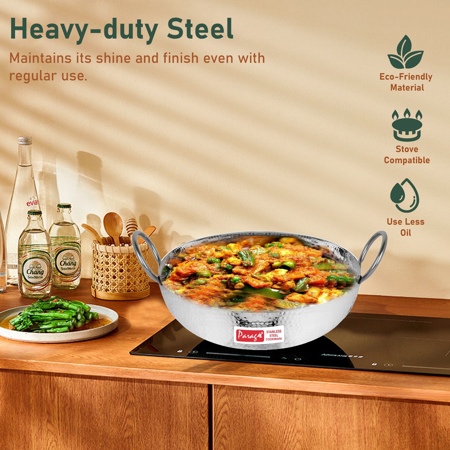 2-Piece Stainless Steel Hammered Kadhai Set | Heavy Bottom for Cooking & Deep Frying, Gas Stove Friendly, 1.2L & 2L (Silver)