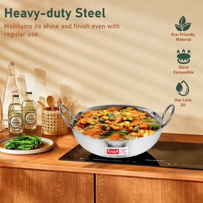 1-Piece Stainless Steel Hammered Kadhai | 2L Heavy Bottom for Cooking & Deep Frying, Gas Stove Friendly (Silver)
