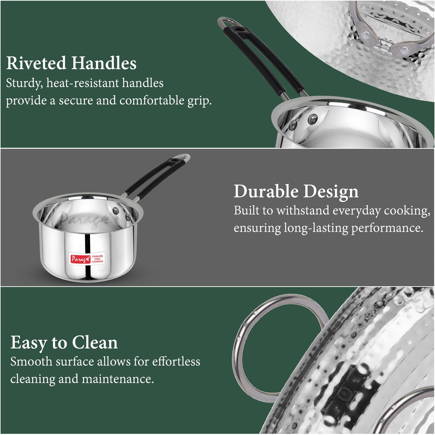 2-Piece Stainless Steel Hammered Kadhai & Saucepan Set | Heavy Bottom for Cooking & Deep Frying, Gas Stove Friendly, 1.2L & 1L (Silver)