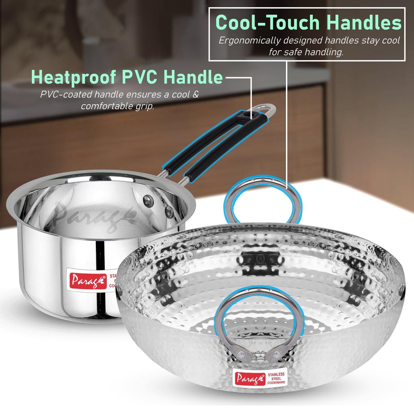 2-Piece Stainless Steel Hammered Kadhai & Saucepan Set | Heavy Bottom for Cooking & Deep Frying, Gas Stove Friendly, 2L & 1.75L (Silver)