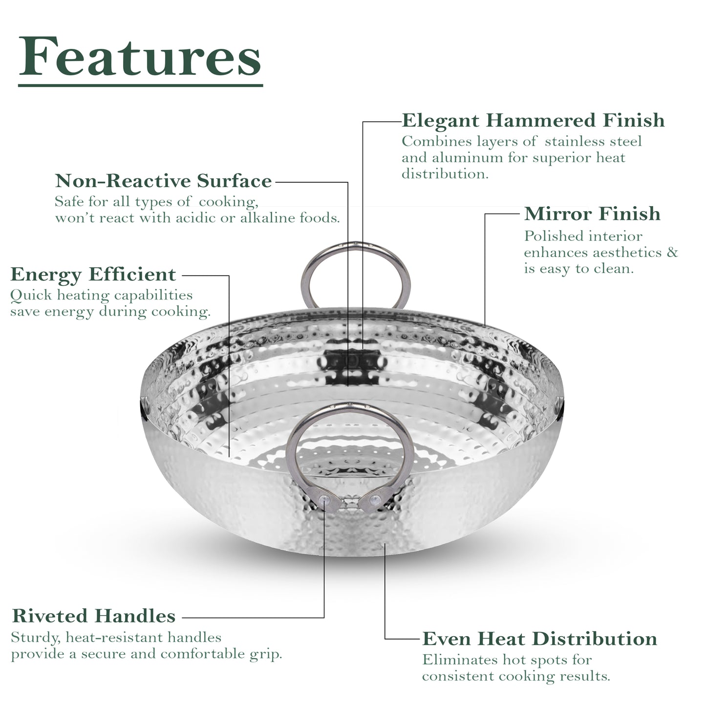 1-Piece Stainless Steel Hammered Kadhai | 2L Heavy Bottom for Cooking & Deep Frying, Gas Stove Friendly (Silver)