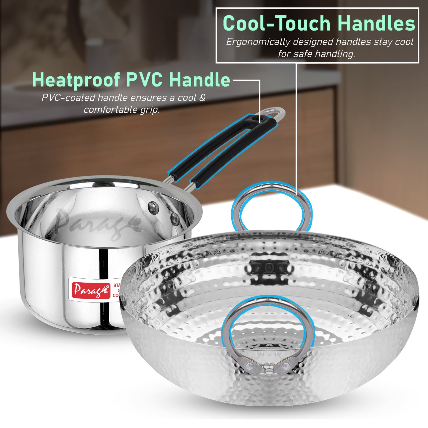 2-Piece Stainless Steel Hammered Kadhai & Saucepan Set | Heavy Bottom for Cooking & Deep Frying, Gas Stove Friendly, 1.2L & 1L (Silver)