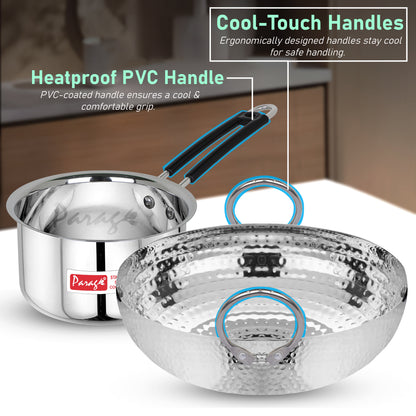 2-Piece Stainless Steel Hammered Kadhai & Saucepan Set | Heavy Bottom for Cooking & Deep Frying, Gas Stove Friendly, 1.2L & 1L (Silver)