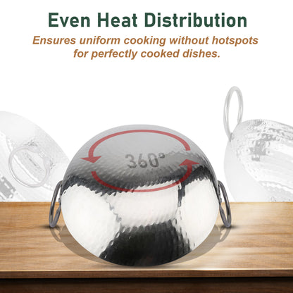 1-Piece Stainless Steel Hammered Kadhai | 1.2L Heavy Bottom for Cooking & Deep Frying, Gas Stove Friendly (Silver)