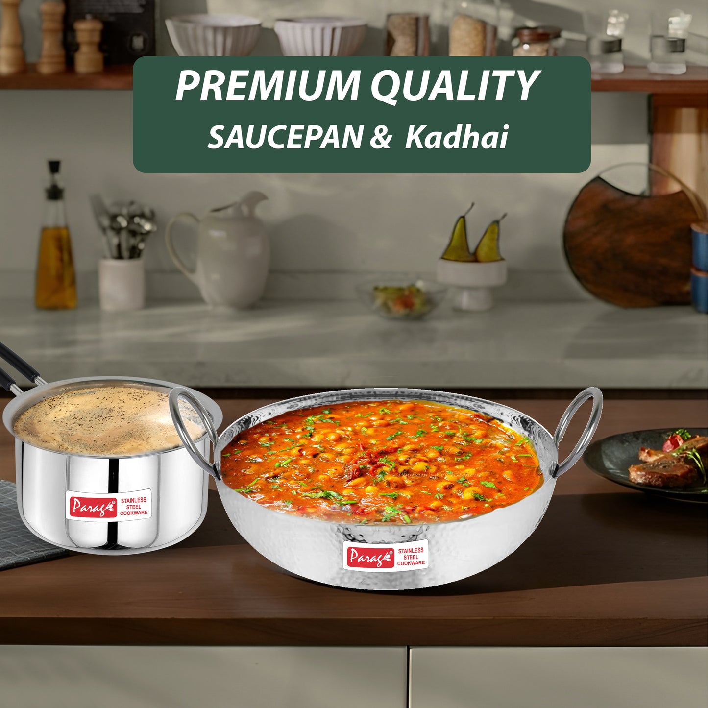 2-Piece Stainless Steel Hammered Kadhai & Saucepan Set | Heavy Bottom for Cooking & Deep Frying, Gas Stove Friendly, 1.2L & 1L (Silver)