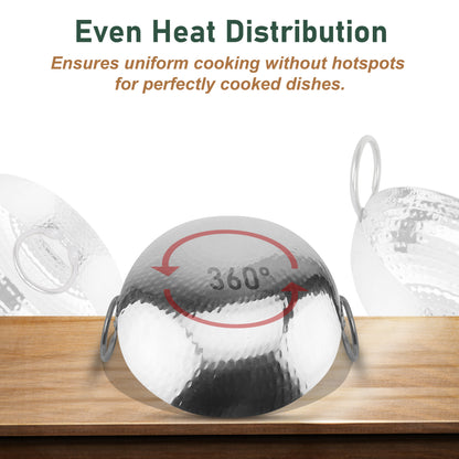 1-Piece Stainless Steel Hammered Kadhai | 2L Heavy Bottom for Cooking & Deep Frying, Gas Stove Friendly (Silver)