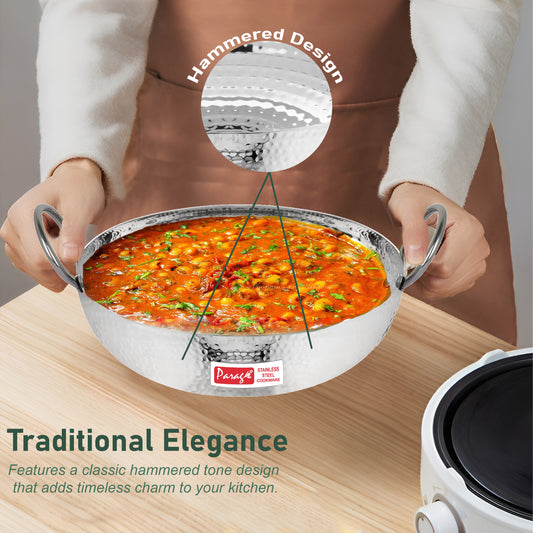 1-Piece Stainless Steel Hammered Kadhai | 2L Heavy Bottom for Cooking & Deep Frying, Gas Stove Friendly (Silver)