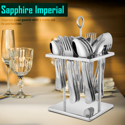 25-Piece Premium Stainless Steel Cutlery Set | Includes Spoons & Forks, Stand for Dining Table, Home & Gifting - Sapphire Imperial