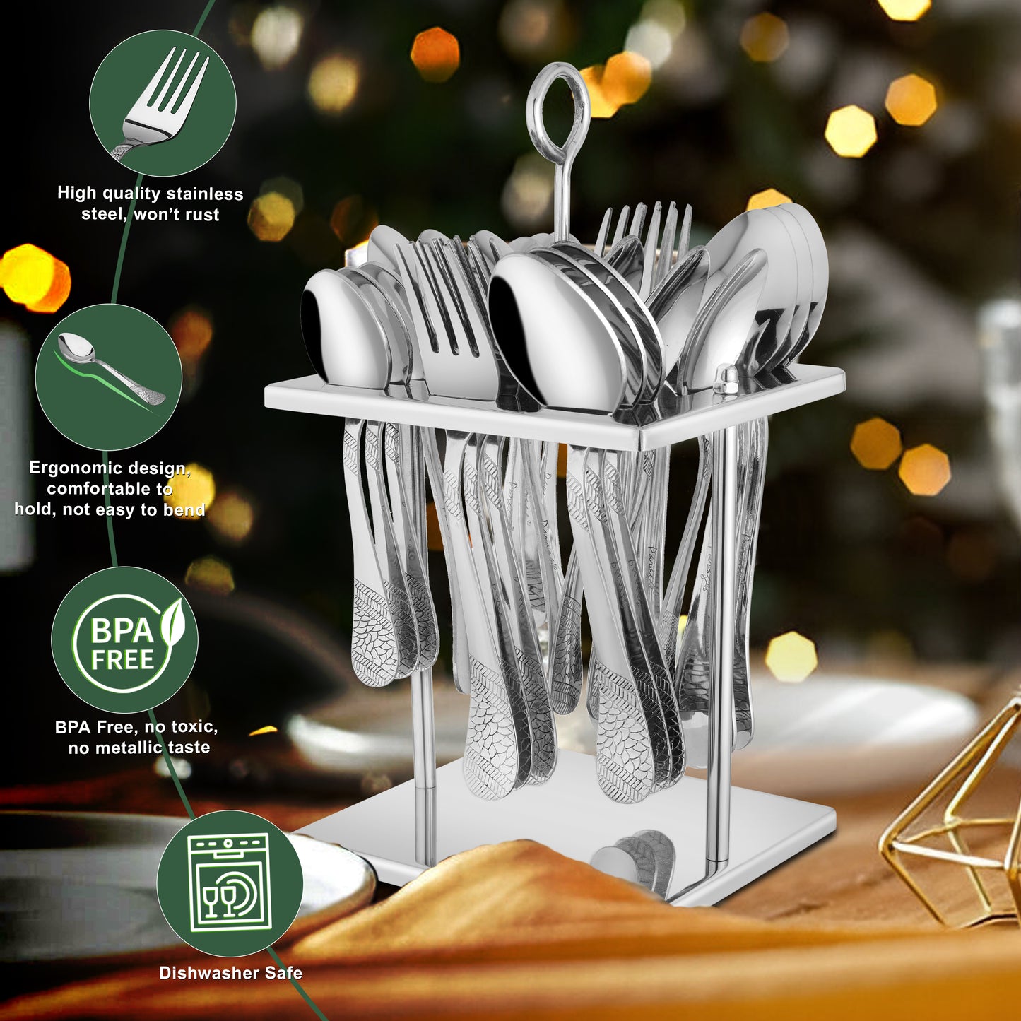 25-Piece Premium Stainless Steel Cutlery Set | Includes Spoons & Forks, Stand for Dining Table, Home & Gifting - Sapphire Imperial