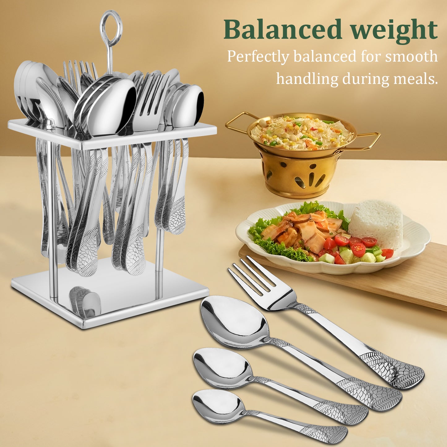 25-Piece Premium Stainless Steel Cutlery Set | Includes Spoons & Forks, Stand for Dining Table, Home & Gifting - Sapphire Imperial