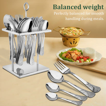 25-Piece Premium Stainless Steel Cutlery Set | Includes Spoons & Forks, Stand for Dining Table, Home & Gifting - Sapphire Imperial