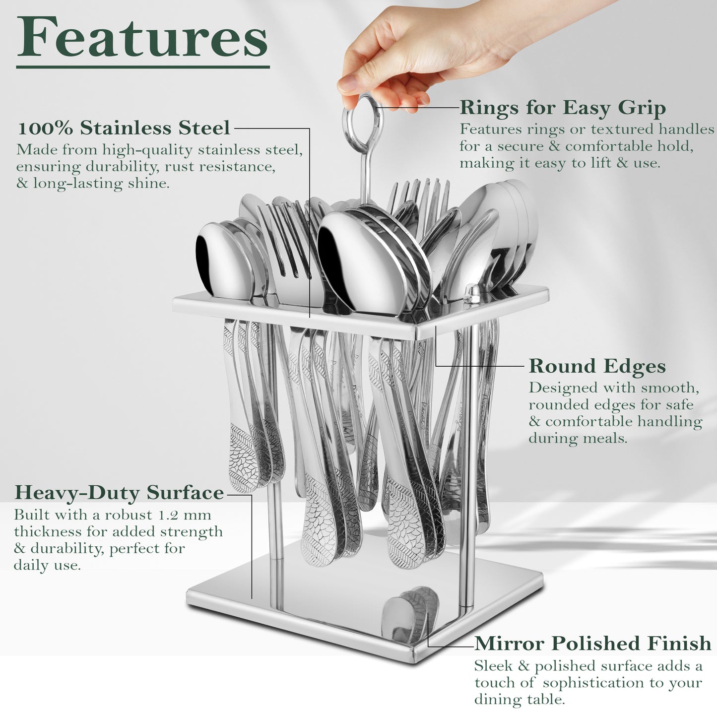 25-Piece Premium Stainless Steel Cutlery Set | Includes Spoons & Forks, Stand for Dining Table, Home & Gifting - Sapphire Imperial